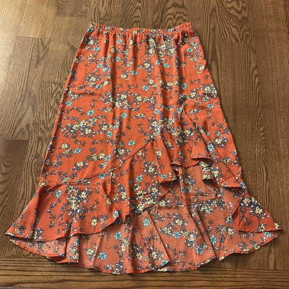 Max Studio floral high low ruffled midi skirt flowy flounce elastic waist large - Picture 9 of 12